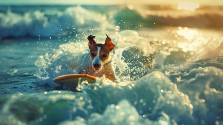 Happy dog surfing, concept of summer activities at sea, vacation. Generative AI.の素材