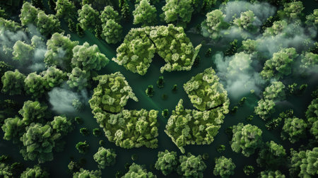Recycling on a green cloud surrounded by trees. Generative AI.の素材