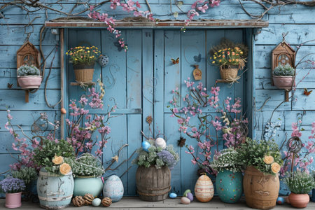 Outdoor Easter cottage wall, Easter Theme. Generative AI.の素材