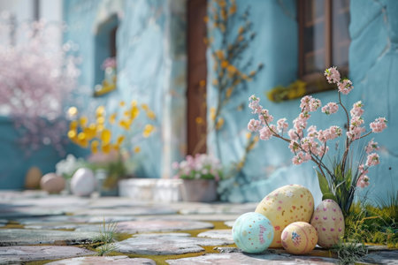 Outdoor Easter cottage wall, Easter Theme. Generative AI.の素材