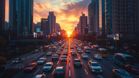 Traffic on a street in a city with tall buildings at sunset. Generative AI.の素材