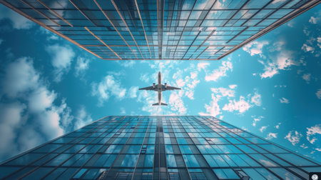 Plane flying perspective from below around building glass, bright blue sky. Generative AI.の素材