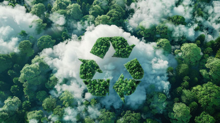 Recycling on a green cloud surrounded by trees. Generative AI.の素材