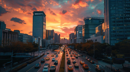 Traffic on a street in a city with tall buildings at sunset. Generative AI.の素材