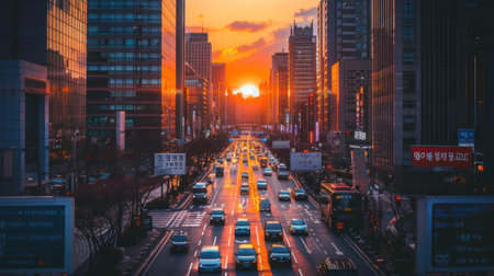 Traffic on a street in a city with tall buildings at sunset. Generative AI.の素材