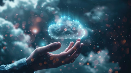 Businessman touch cloud computing icon network. Generative AI.の素材