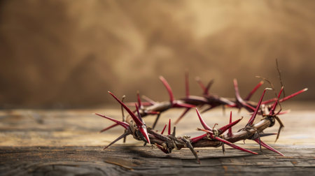 Christian crown of thorns with metal nails on a wooden desk, copyspace. Generative AI.の素材