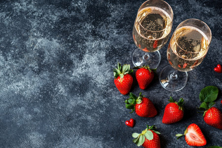 A Champagne flutes with strawberries create romantic setting for Valentine. Perfect for special occasion or celebrationの素材