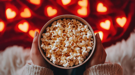A Cozy movie night with popcorn in heart themed setting, perfect for romanceの素材