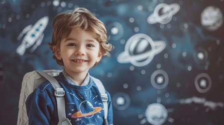 A young boy is smiling and wearing a blue shirt with a rocket on it. He is standing in front of a wall with a space backgroundの素材