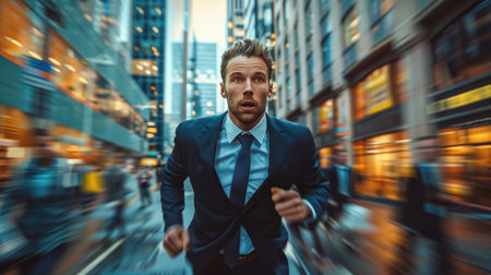A man in a suit and tie running down a city street.の素材