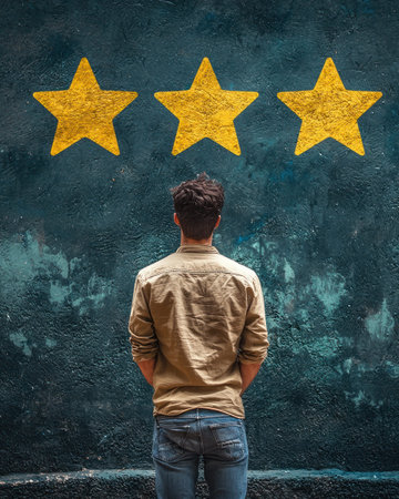 A man stands in front of wall with three yellow stars, reflecting on feedbackの素材