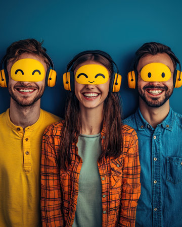 A Happy faces of support team wearing headphones and smiley masksの素材