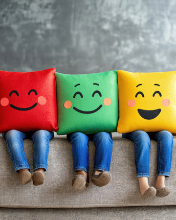 A Happy faces on colorful cushions create joyful atmosphereの素材