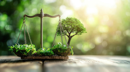 A balance scale with one side showing nature and other representing profits, symbolizing balance of sustainable development andの素材
