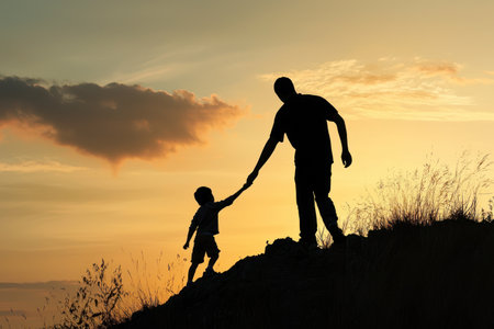 A silhouette of adult and child holding hands against sunset, symbolizing mentorship and guidanceの素材