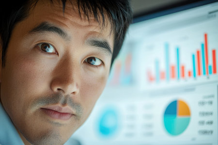 A Focused business professional analyzing data on large screen, determined expressionの素材