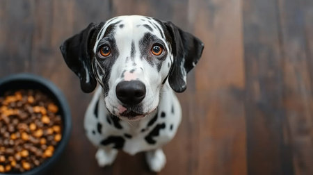 A Dalmatian dog is looking at a bowl of food.の素材