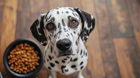 A Dalmatian dog is looking at a bowl of food. The dog is staring at the bowl with a curious expressionの素材