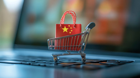 Miniature Shopping Cart with Chinese Flag Paper Bag on Laptop Keyboard Symbolizing Online Shopping in China Concept.の素材