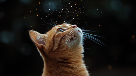 A cat is looking up at something, possibly a light or a sparkler. The cat's eyes are wide open, and it is curious about the object in front of it. The image has a playful and lighthearted moodの素材