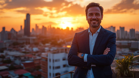 A man in a suit is smiling at the camera in front of a city skyline.の素材