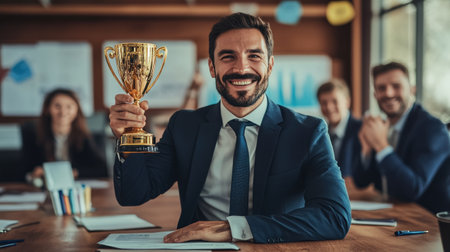 A business leader holding a golden trophy, surrounded by team members in a boardroom filled with charts and graphs..の素材
