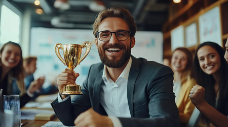 A business leader holding a golden trophy, surrounded by team members in a boardroom filled with charts and graphs..の素材