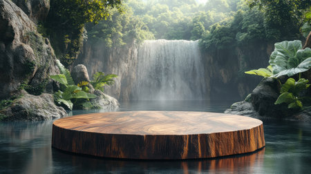 A unique minimal podium crafted from wood with a distinctive grain pattern, set against a stunning background of gentle water waves and lush forest cliffs..の素材