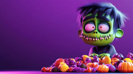 Cartoon Frankenstein's Monster with Green Skin Surrounded by Halloween Candies on Purple Background Concept.の素材