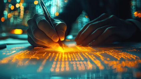 A person is writing with a pen on a computer screen. Concept of creativity and productivity, as the person is using technology to express their thoughts and ideasの素材