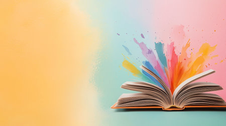 A book is open on a table with a colorful background.の素材