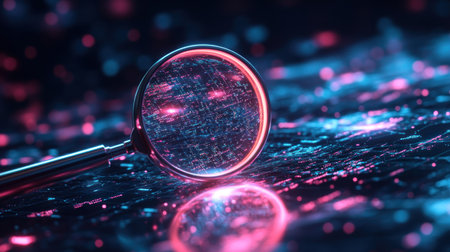 Precision in Search with Magnifying Glass Focusing Light on Virtual Results Concept: Demonstrates the accuracy and focus of search technologies in refining and delivering precise search results.の素材