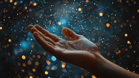 A hand is holding a star in the sky.の素材