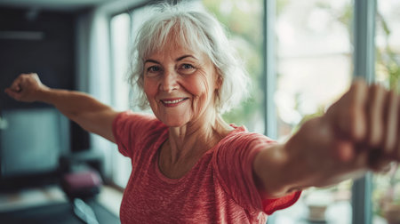 An Active woman practicing yoga at home, promoting wellness and fitnessの素材