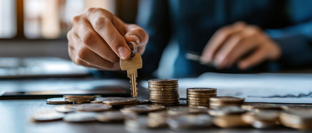 An Unlocking financial success with keys and coins symbolizes investment and savingsの素材