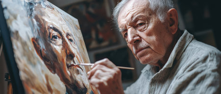 An elderly man painting portrait, showcasing his creative passion and expressive retirement lifeの素材