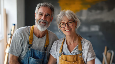A Happy retired couple working on DIY home renovation project together, showcasing their partnership and joyの素材