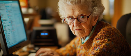 A Senior woman working on computer, focused on online research and staying connectedの素材