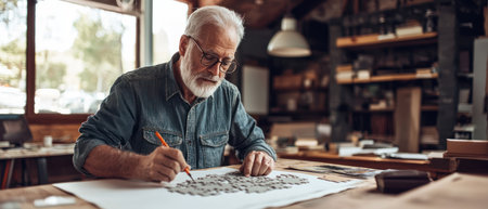 An Engaging man working on puzzle, enjoying mental stimulation in retirementの素材