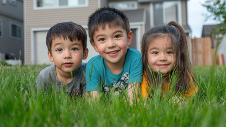 A Happy kids playing in yard of their new home, enjoying family timeの素材