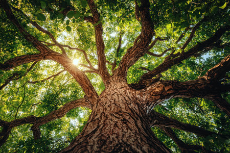 A Majestic tree with sprawling branches and sunlight filtering through leavesの素材