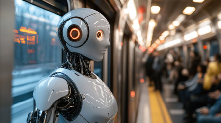 Business Robot Exiting a Train Concept showcases AI's role in modern commuting with sleek design..の素材