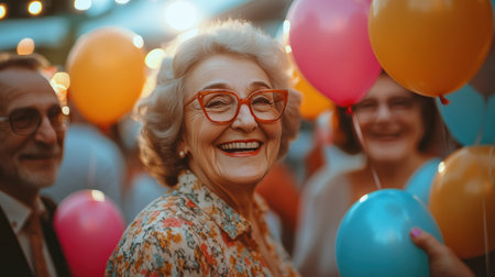 Elderly woman is smiling and surrounded by balloons of different colors.の素材