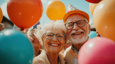 A couple of older people are posing with balloons and a party hat. They are smiling and seem to be enjoying themselvesの素材