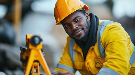 A man in a yellow jacket is smiling and holding a tape measure.の素材