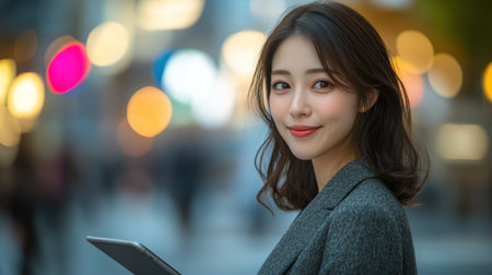 Asian woman with a tablet in her hand is smiling.の素材