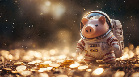 A cartoon pig in a spacesuit is surrounded by gold coins.の素材