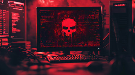 Ransomware attack illustration, an alert message on a compromised computer screen.の素材