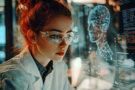 A focused woman in lab coat analyzing data on futuristic screenの素材
